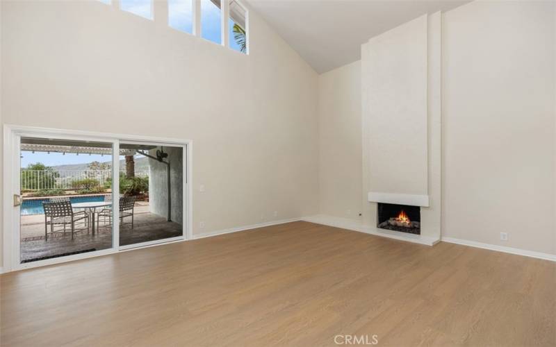 Another angle  of the living room showing the fireplace and the doors opening to the backyard.