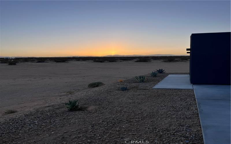 The horizon glows warmly over the expansive desert landscape, with a modern concrete walkway and gravel-lined area adorned with desert succulents leading the eye into the open wilderness.
