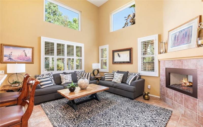 
A vibrant and welcoming family room featuring high ceilings, ample natural light, and a cozy fireplace, perfect for both relaxation and entertaining.