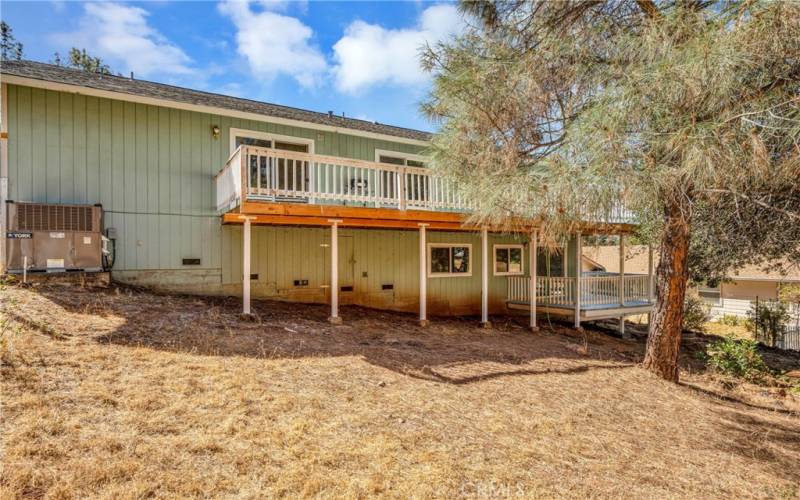 Huge walk-in storage space under house with access door in backyard.