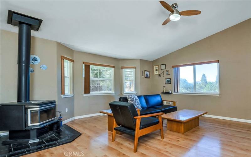 Living area with pellet stove and solid surface flooring.