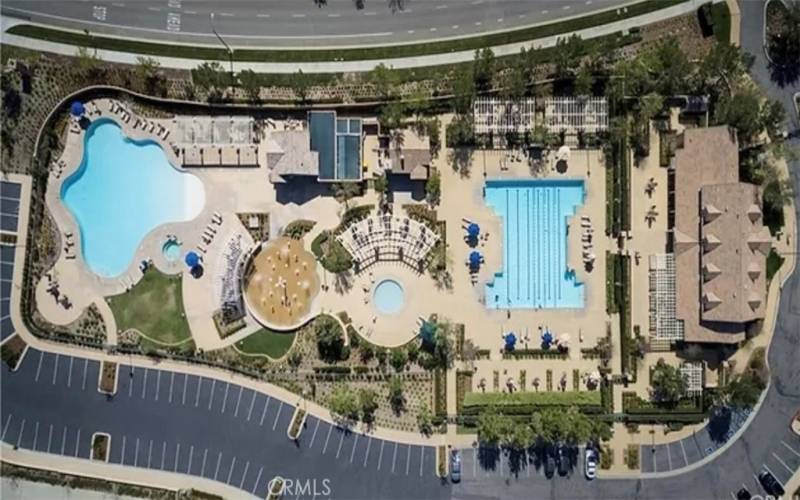 aerial view of community center and pool area