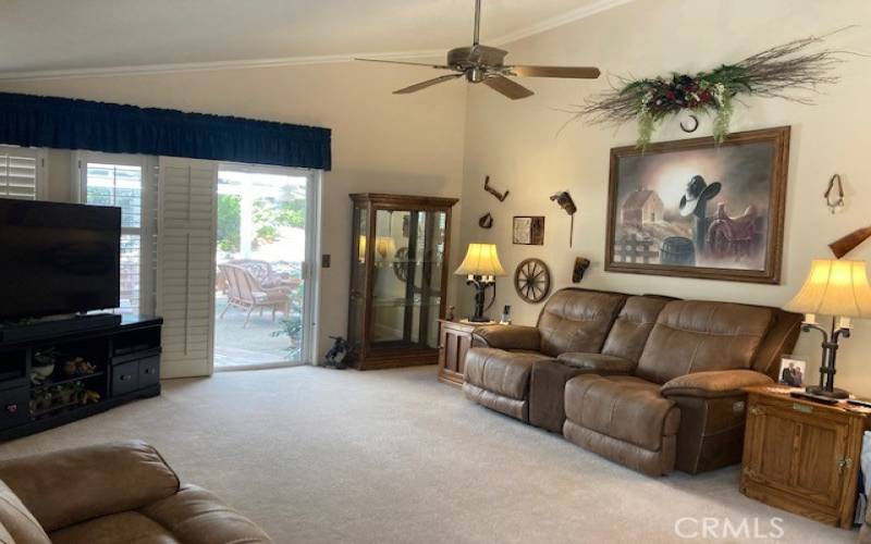 Living room has vaulted ceiling and a slider to the patio.