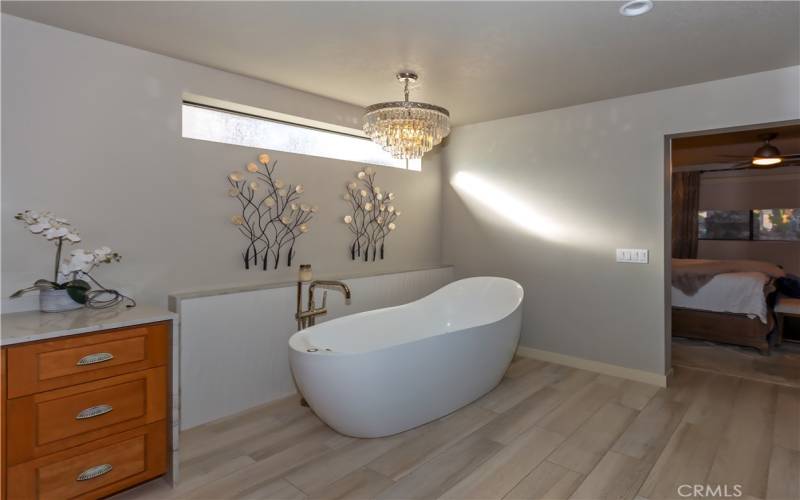 How cool to have a chandelier over the tub?!