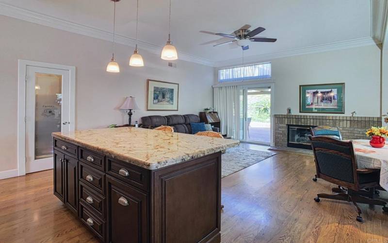 Kitchen Bar Looking at Pantry & Family Room