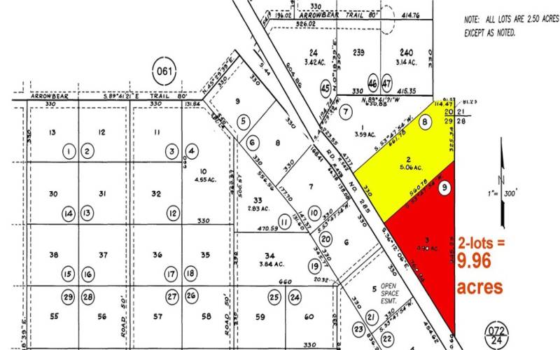 Acessor Map Showing lot in Red. The Yellow lot is avialble together = 9.96 Acres