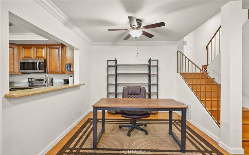 Multiple dining options, home office area, or reading area.