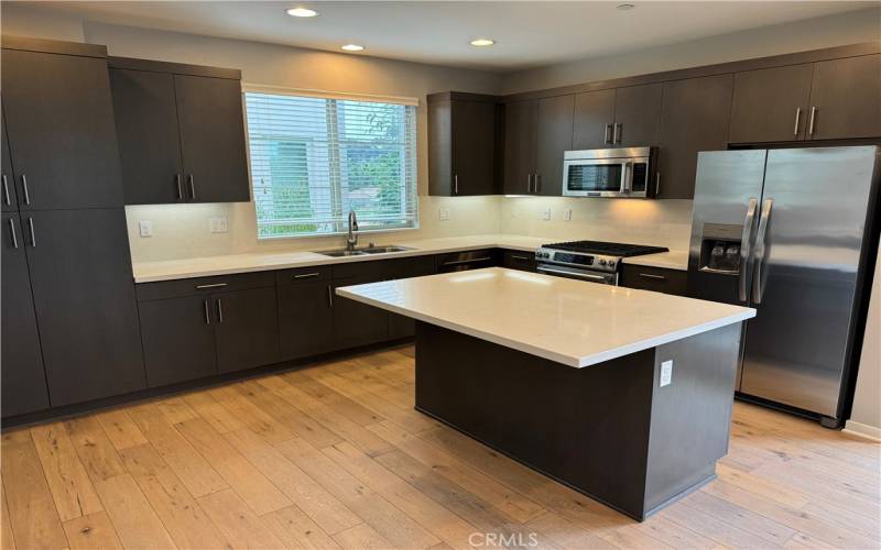 Large kitchen has built-in appliances and brand new refrigerator.