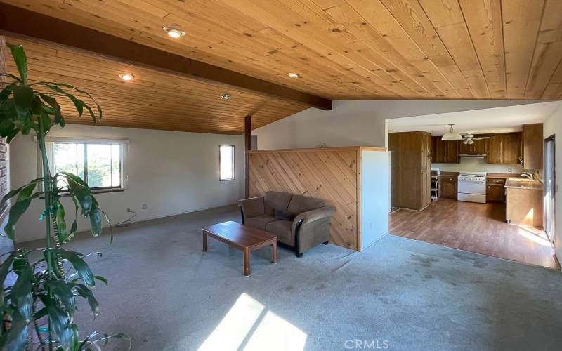 Vaulted knotty pine ceilings and accent wall