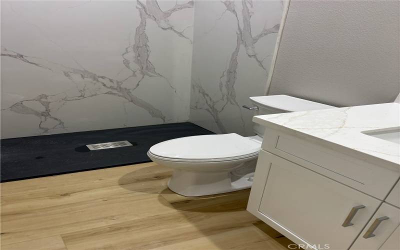 Hallway bathroom has quartz countertop vanity and quartz shower wall.