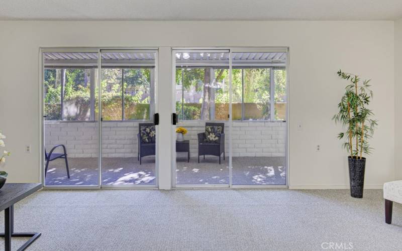 Gorgeous view to the outdoors from the living room, looking into the enclosed patio and out to the association maintained landscaped yard.