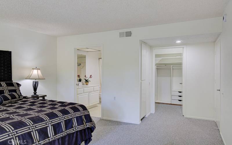 View from primary bedroom looking toward the primary bathroom and spacious walk in closet.