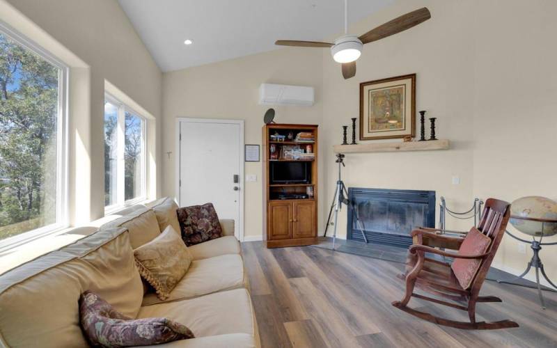 The living room with vaulted ceiling.