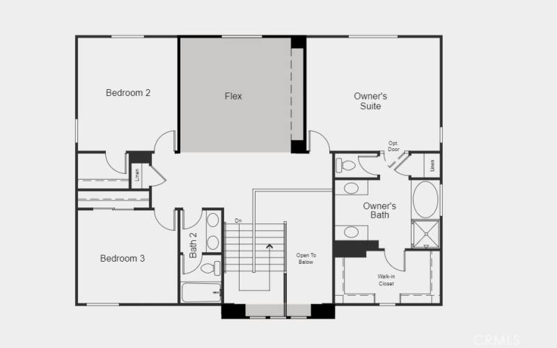 Structural options include: garage service door and flex room in place of bed 5.