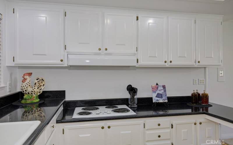 View of the kitchen range and range hood...and even more cabinets!