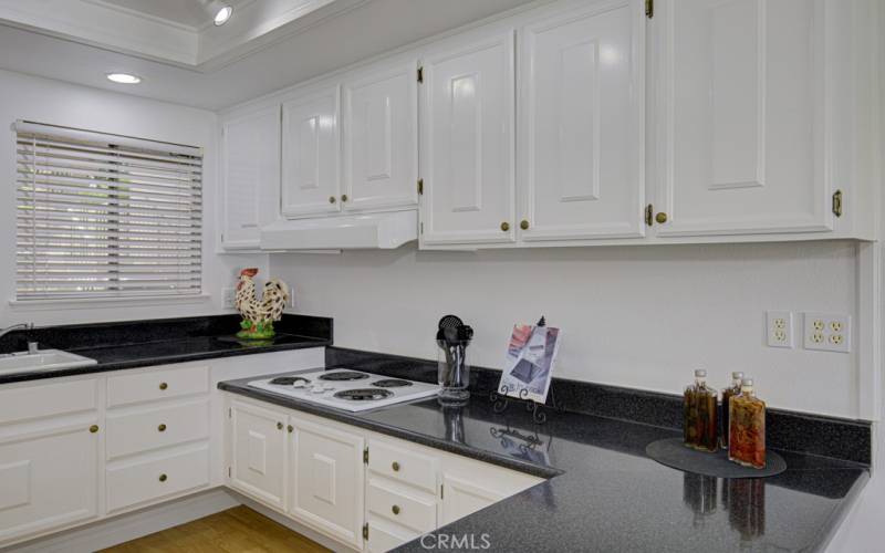 The kitchen has black stone countertops, a cooktop, built in oven, dishwasher, refrigerator and garbage disposal.