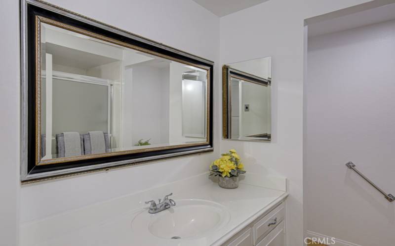 The guest bathroom features a large vanity.