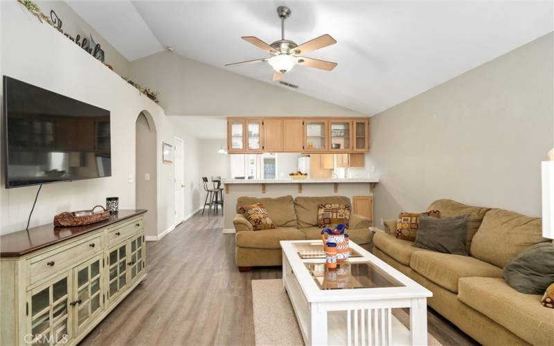 Living room with vaulted ceilings