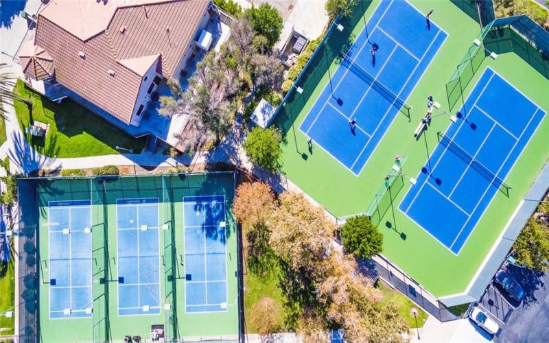 Lighted tennis and paddle tennis/pickle ball courts.