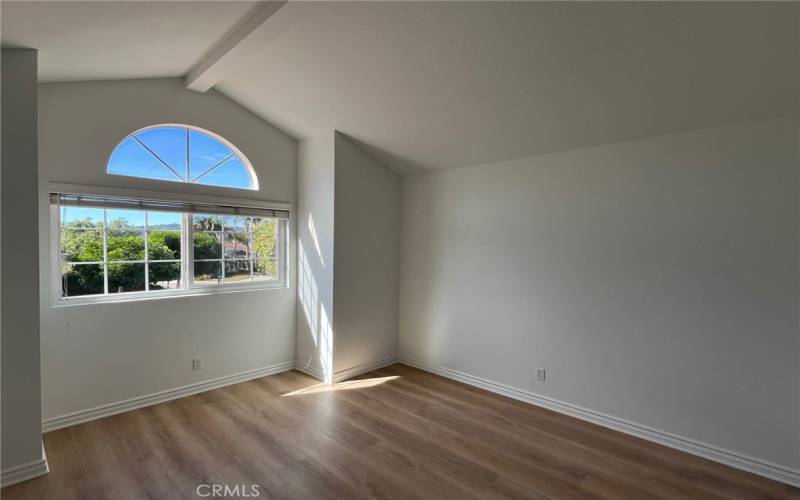 Secondary bedroom with arch window and vaulted ceiling - window has blinds - spacious closet