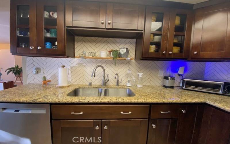 Glass cabinetry, stainless steel sink and dishwasher.