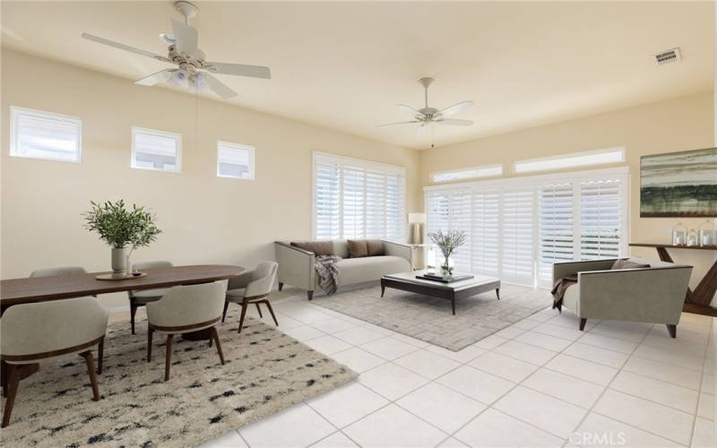 Virtually staged living and dining area.