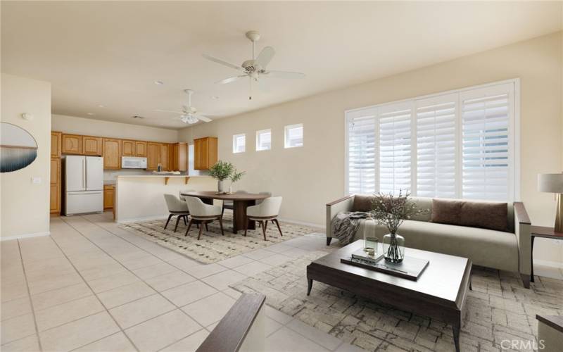 Virtually staged living and dining area.