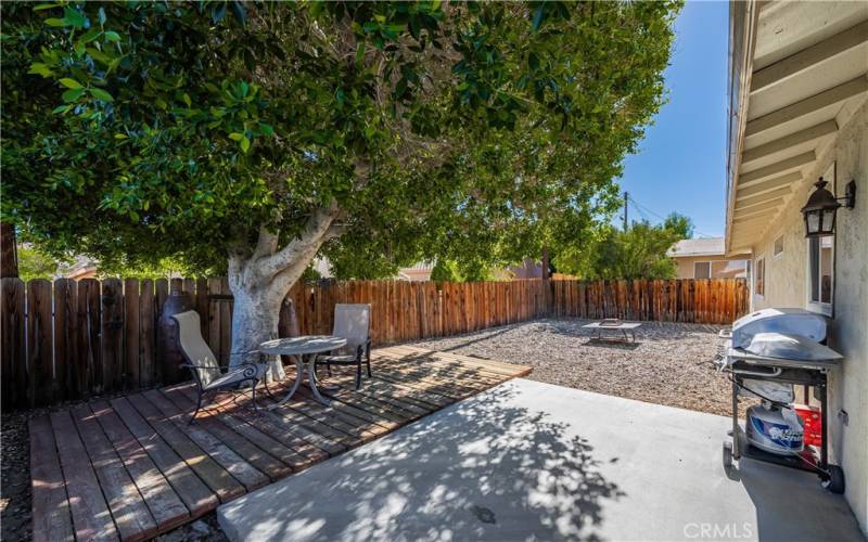 Backyard oasis.  Large tree surrounded by a wooden deck area.  Perfect for entertaining.