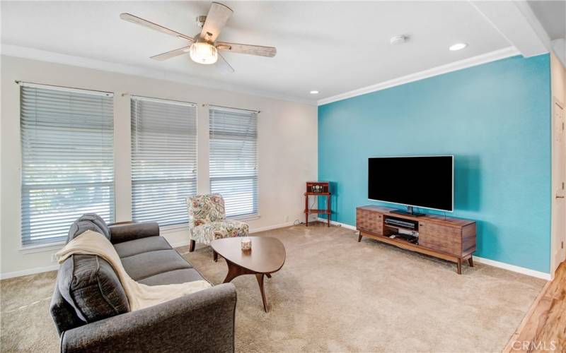 Spacious living room with blue accent wall