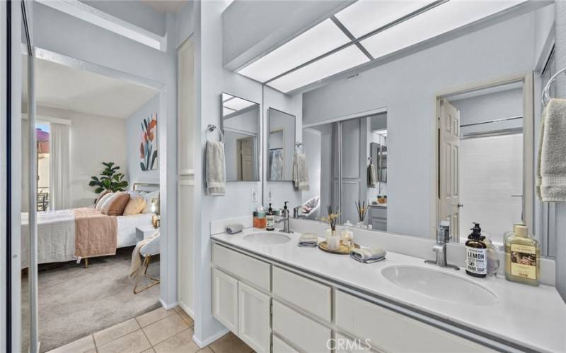 Clean and bright bathroom with double sinks