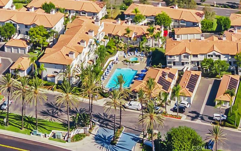 Over view of community pool and clubhouse.