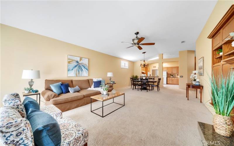 Living room, dining room and kitchen