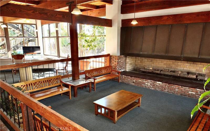 Fireside sitting area in the lobby of the main community center.