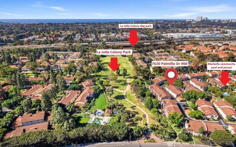 This envious location has amenities right at your doorstep. Marbella has a community pool & jacuzzi. La Jolla Colony Park & dog park is right around the corner. Grocery stores & restaurants across the street. UCSD MTS loop bus stop next to the complex.