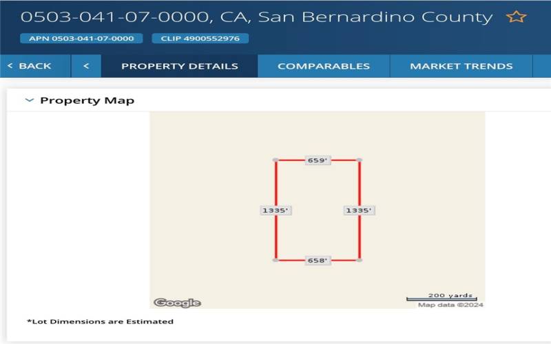 Estimated land size and lot dimensions on public record