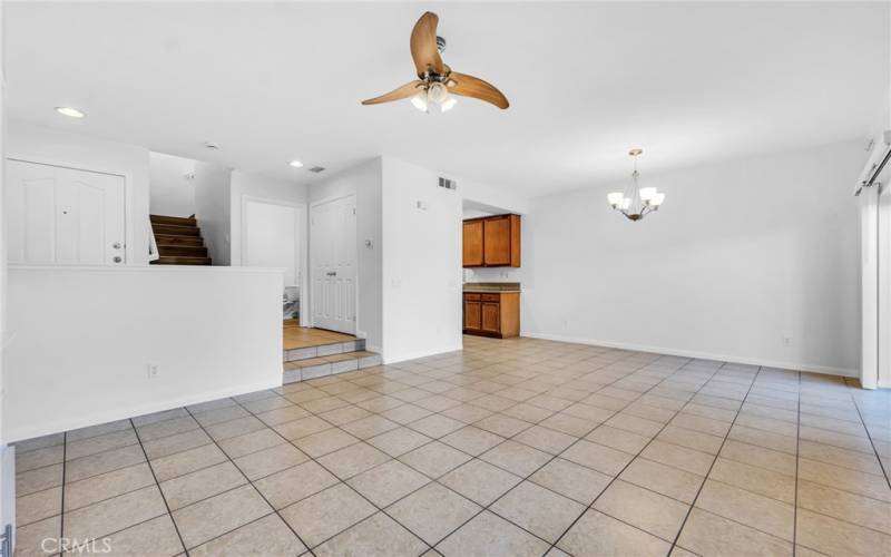 Living room looking to dining room and kitchen