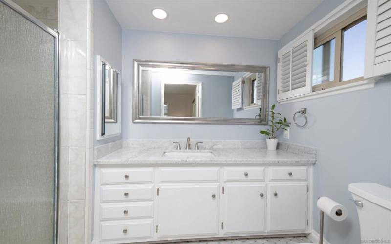 Primary bathroom with updated shower