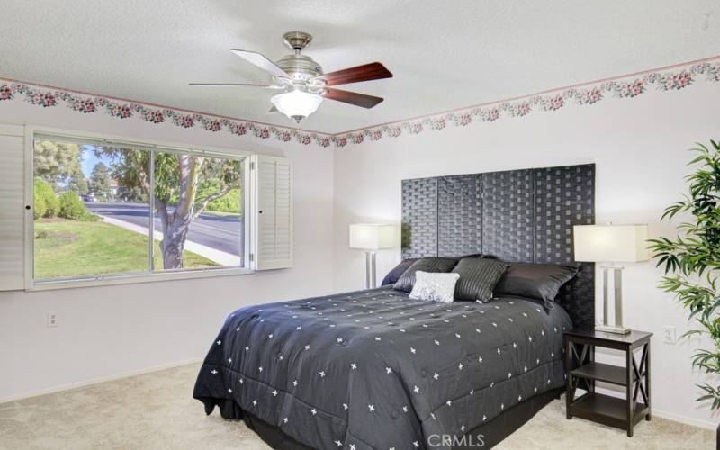 The primary bedroom is spacious and affords a nice, open street view.  There are shutters and a ceiling fan for your comfort.