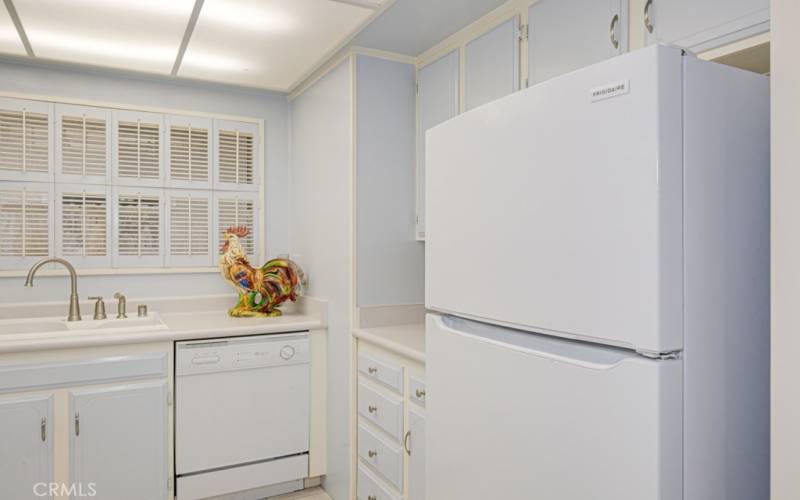 The kitchen has lots of cabinets and counter space. The dishwasher and refrigerator are included.