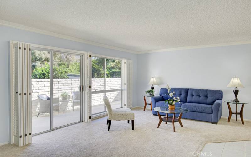 When you enter the front door you are welcomed by the spacious living room and view to the private patio.