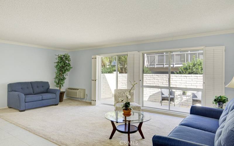 The living room gets lots of light and privacy is offered by the wall of shutters.