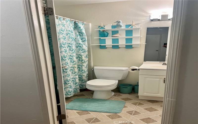 Charming bathroom with coastal seahorse theme.