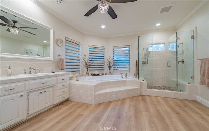 Master Bedroom Bath with new soaking tub, separate shower and dual shower heads.