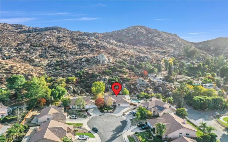 Aerial picture of home and nearby homes.  Home located at the top of Jones St. on the cul-de-sac.