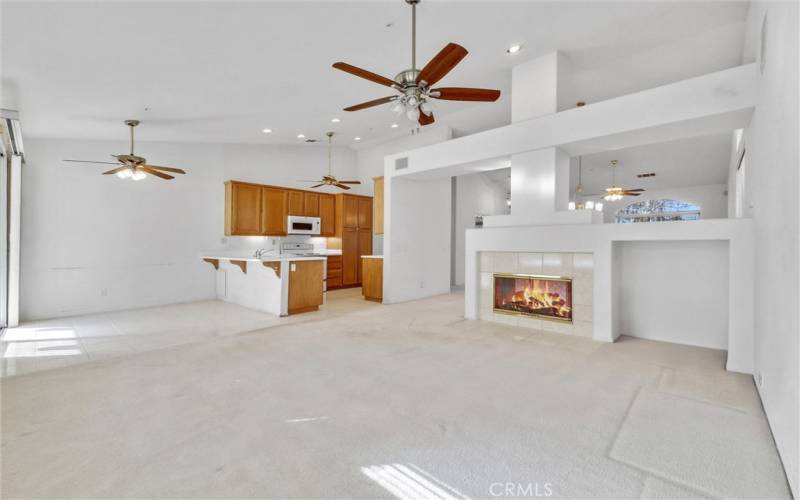 Family room, kitchen and kitchen dining area.