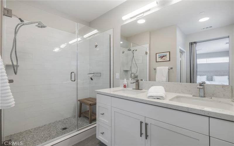 Primary suite oversized shower & 2 sinks