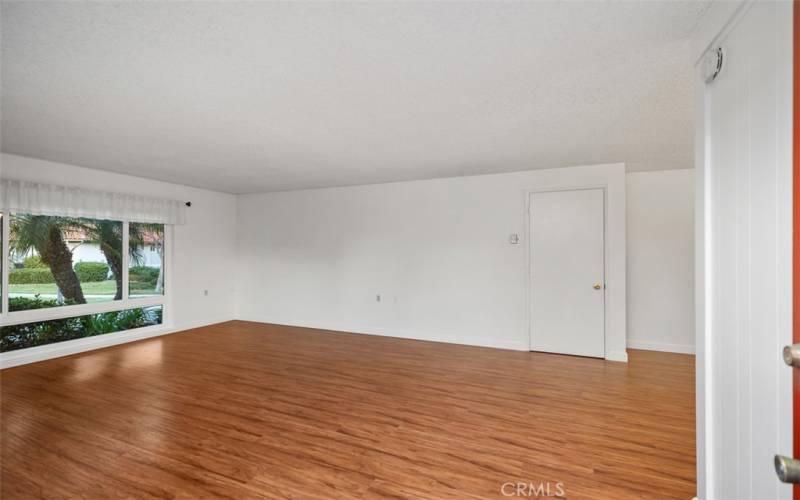 Living room has wood-like laminate flooring, windows are updated and deep closet in living room for storage.