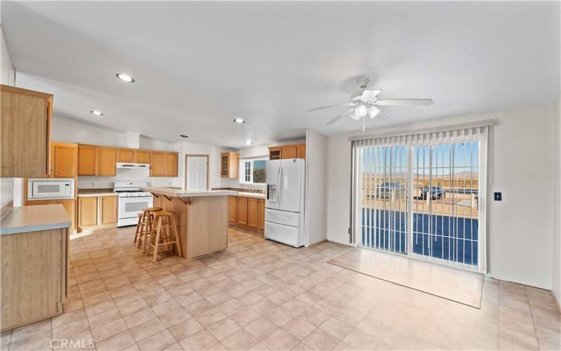 Kitchen with view of deck