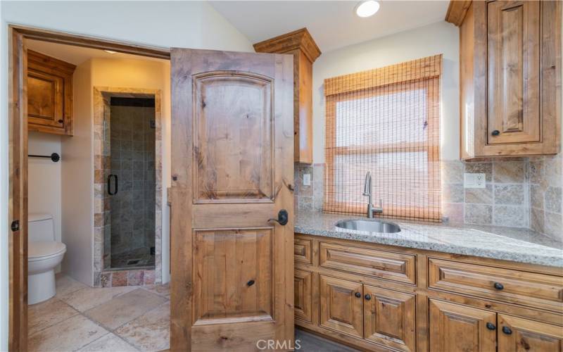 Bath room with a shower in the Casita