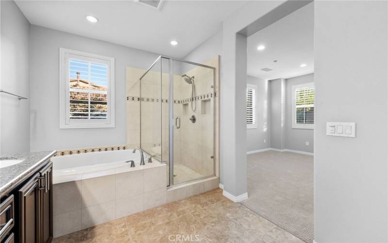 The primary bathroom features a generous walk-in shower, soaking tub, double vanity and tile flooring.
